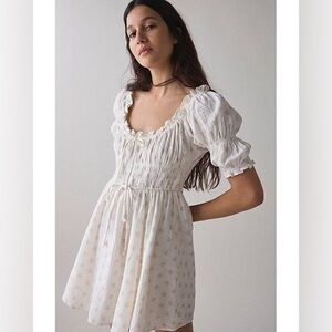 NWT Kimchi Blue Sofia Smocked Tie-Front Bow Mini Dress Milkmaid